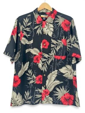Havana Jack’s Cafe Silk Hawaiian Shirt Black Red Floral Men’s M